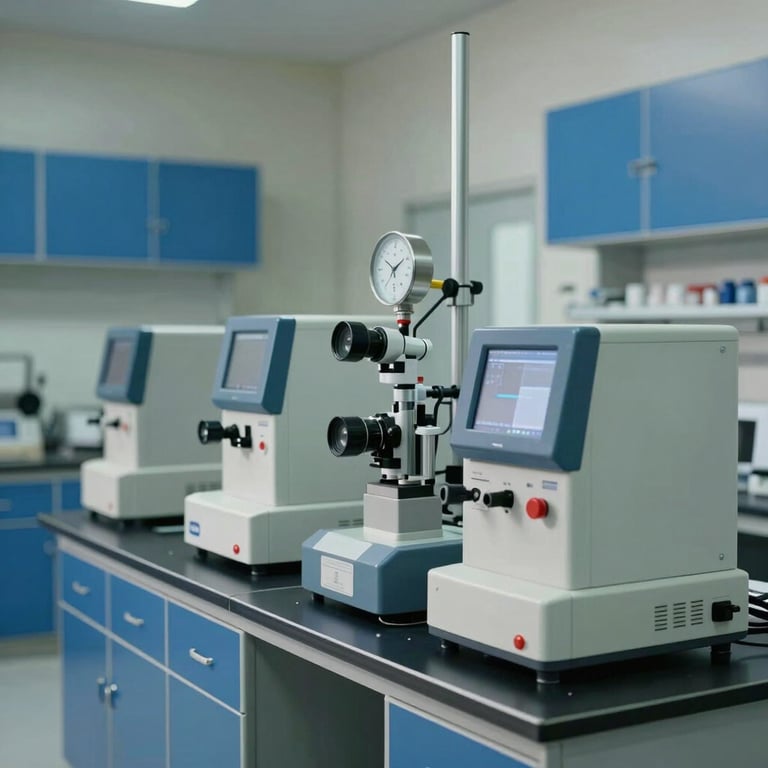 An interior shot of a clean quality control lab featuring shadow blue cabinets and high-tech measuring equipment in a South Asian / Indian industrial setting.