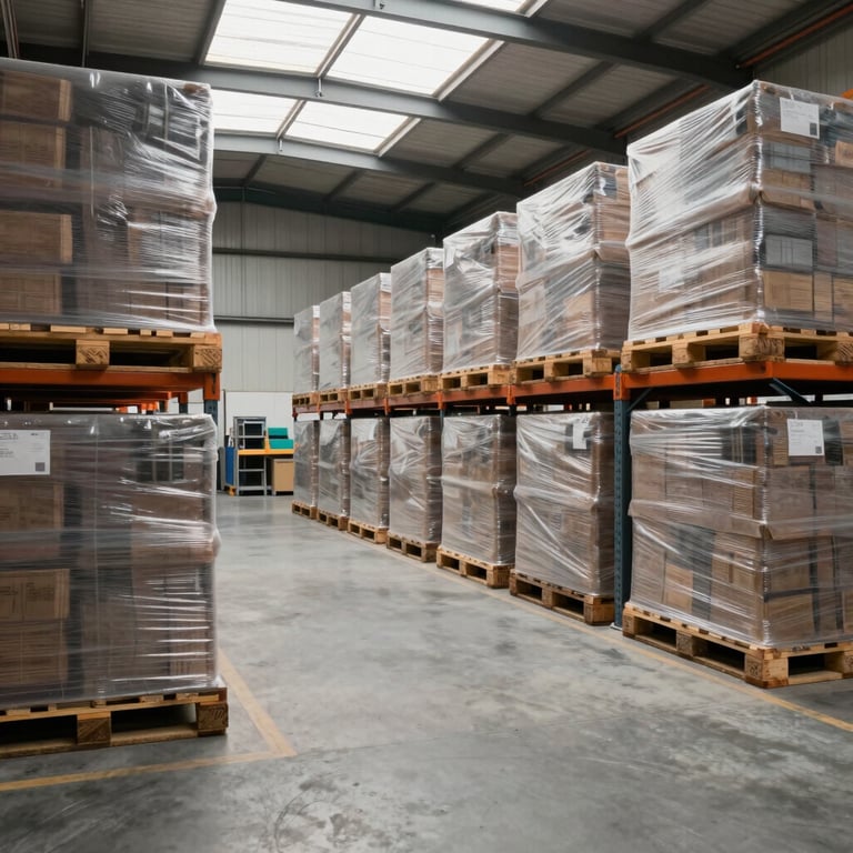 Bright, neutral daylight photograph of an organized commercial warehouse bay in Australia, clean concrete floors, neatly stacked logistics pallets under a natural skylight.