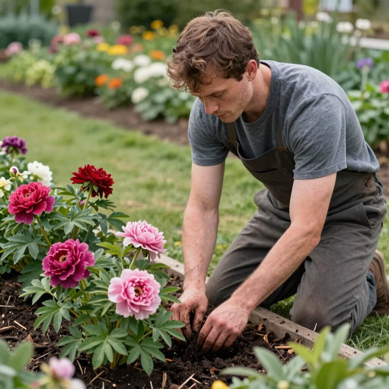 A professional gardener planting colorful perennials in a neatly mulched garden bed in a North American / US setting.