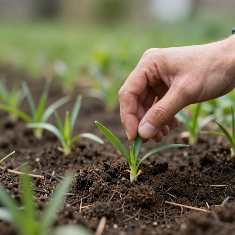 Close-up of healthy garden soil and new grass sprouts in a spring green yard, representing growth and expert fertilization.