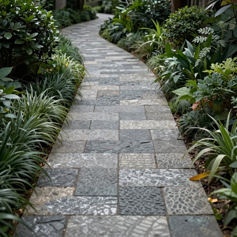 A well-designed stone drainage path surrounded by lush, dark green foliage and meticulous stonework in a professional landscape.