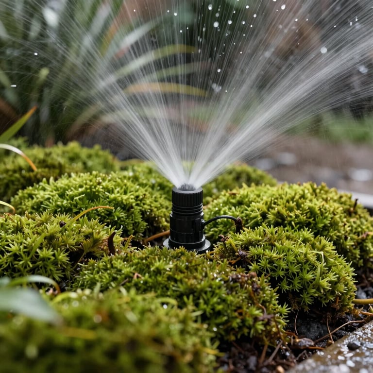 A detail shot of a modern sprinkler system watering a bed of soft moss green plants in a residential North American garden.