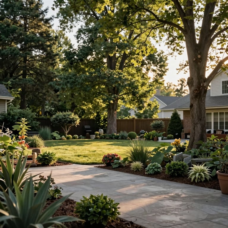 A serene North American / US backyard patio surrounded by expertly maintained garden beds and tall, healthy leafy trees in the golden hour.
