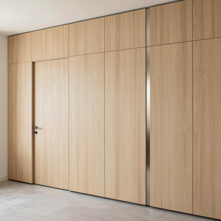 Modern floor-to-ceiling light oak wood paneling with seamless flush door and metallic vertical accents.