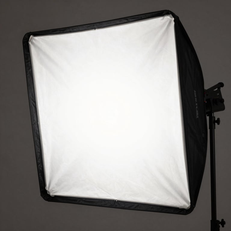 Close-up of a professional lighting setup with softboxes in a sophisticated South American / Brazilian studio.