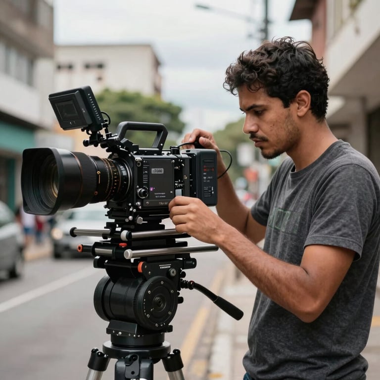 A professional filmmaker adjusting a cinema rig during a production shoot in a South American / Brazilian urban setting.