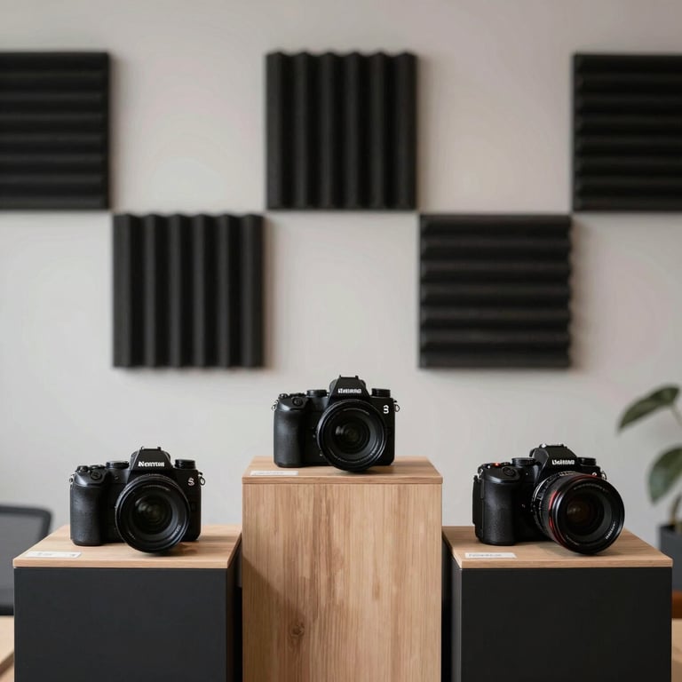 A minimalist office space for content creators featuring acoustic panels and premium cameras on display.