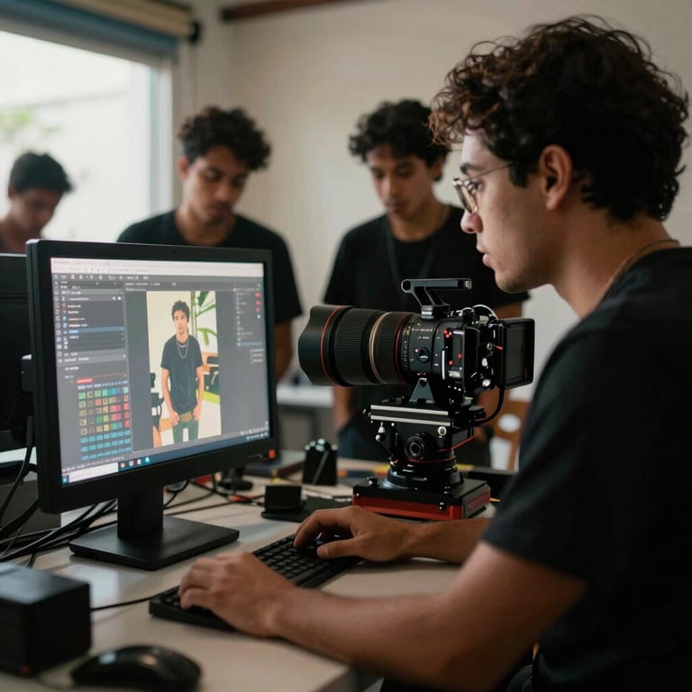 Creative professionals collaborating in a high-end studio in Brazil, focusing on a production monitor.