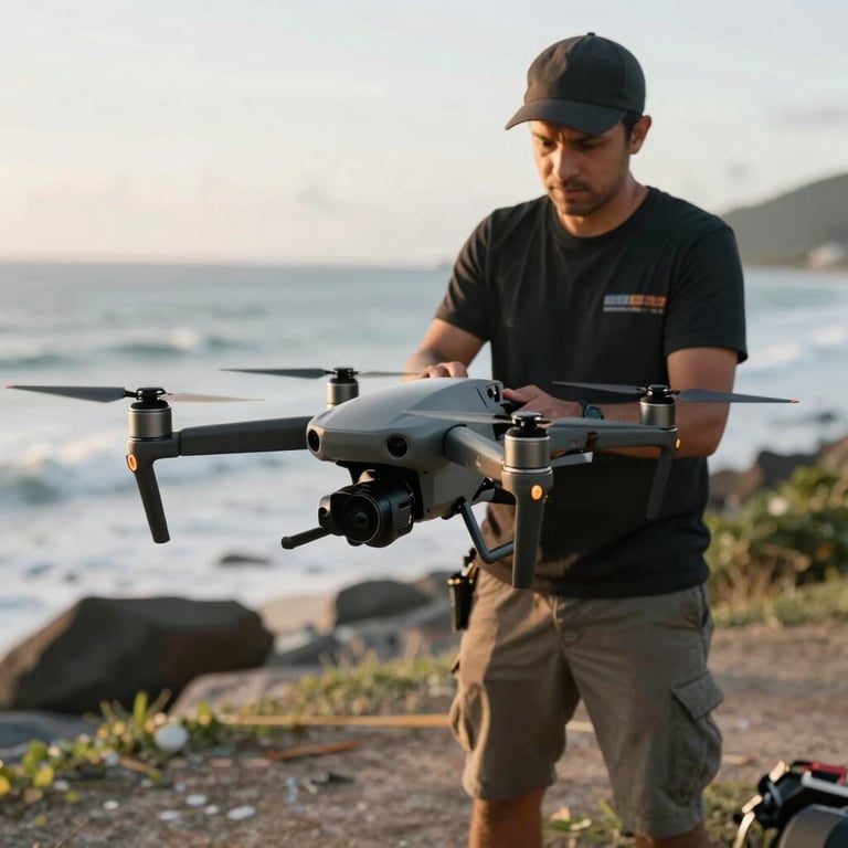A high-end drone being prepared for flight by a technician in a coastal Brazilian location.