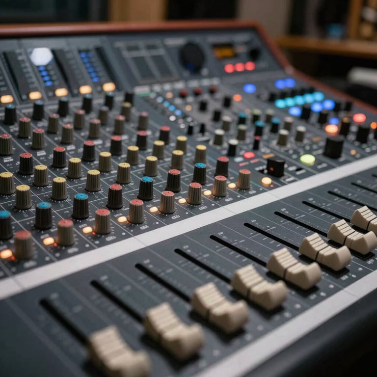 Detail of an audio mixing console with illuminated sliders in a modern recording studio.