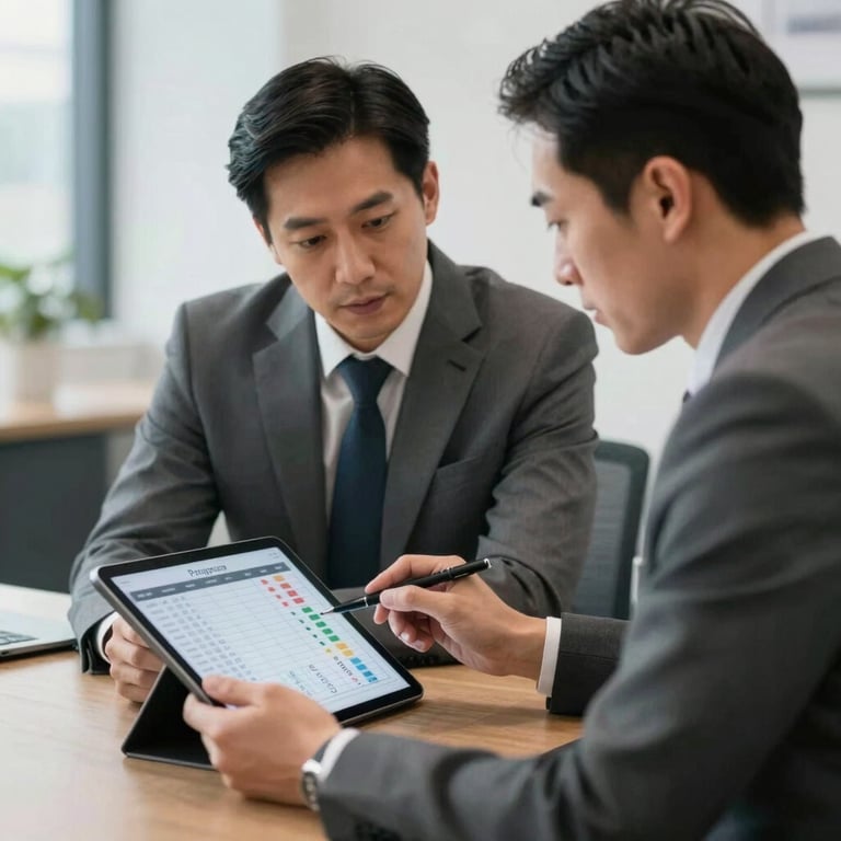 A coach and client reviewing a progress chart on a tablet in a sophisticated, empowering office setting.