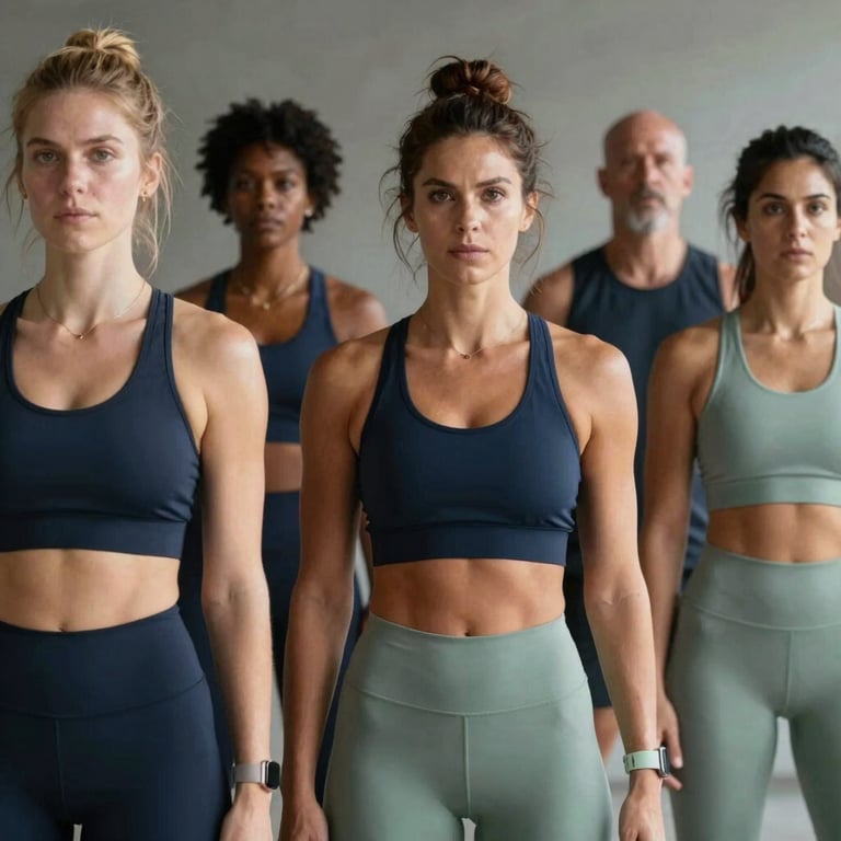 A group of diverse people in deep navy and soft sage athletic wear, looking empowered after a workout.