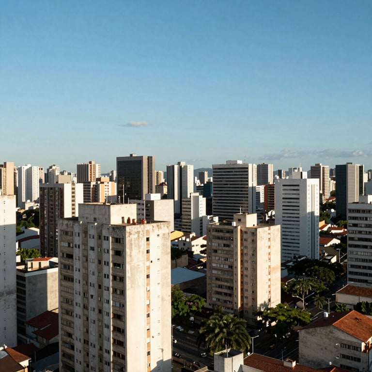 Wide aerial view of a Brazilian metropolitan area with architectural details under a clear blue sky.