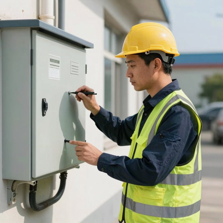 A professional telecom engineer in a safety vest inspecting a distribution box on a sunny day.
