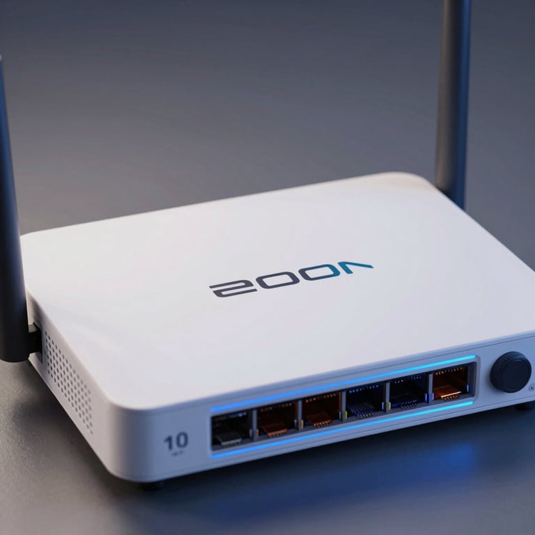 Close-up of a high-speed internet router with clean white surfaces and blue light accents.