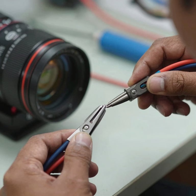 Macro shot of a technician splicing fiber optic cables with precision tools in a South American urban setting.