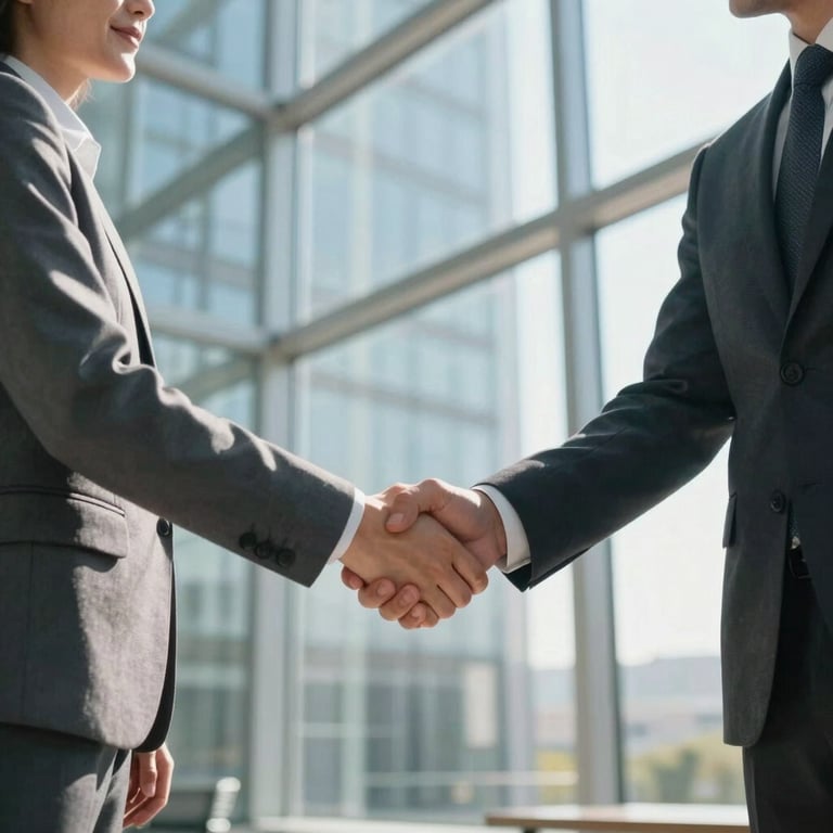 Two business professionals in corporate attire shaking hands in a modern, sunlit glass office.
