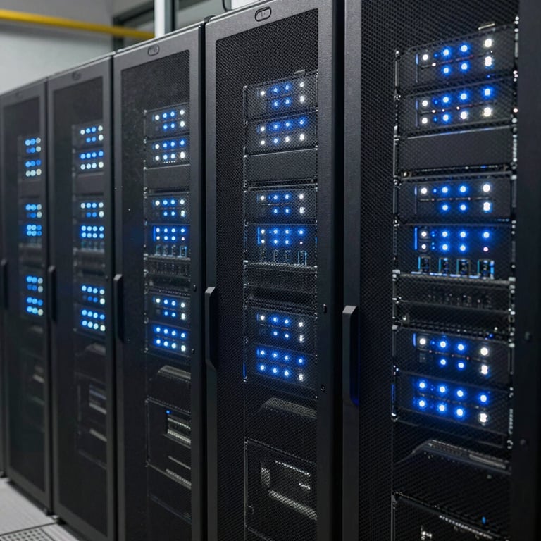 A row of high-end telecommunications servers with blinking blue and white LED indicators.