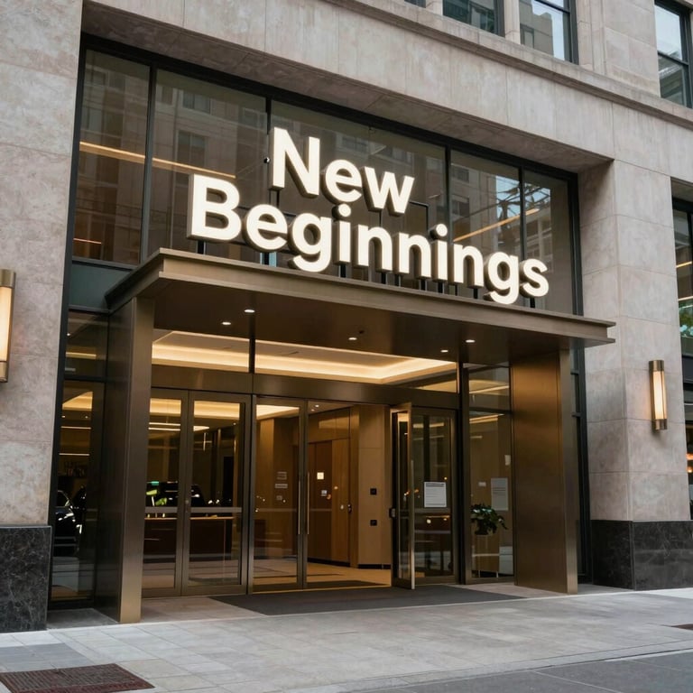 A modern building entrance in a US city, symbolizing new professional beginnings.