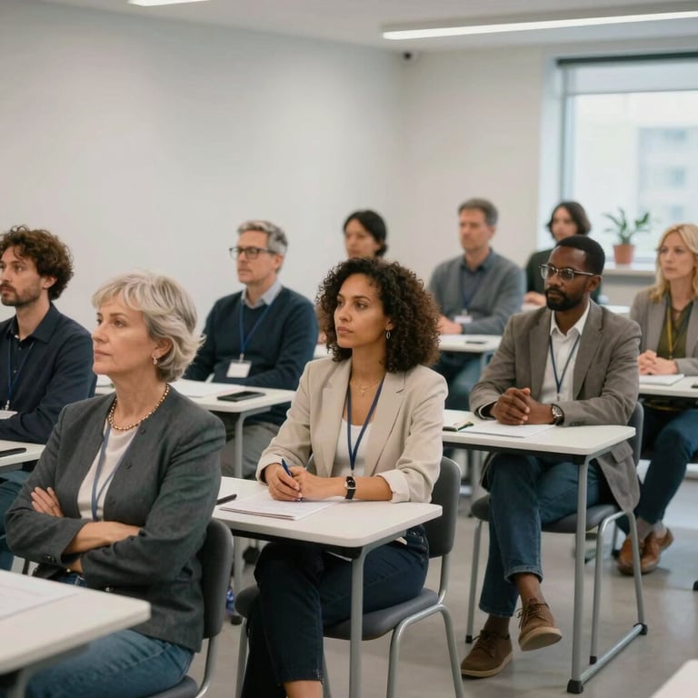 A diverse group of adults attending an employment workshop in a clean, modern training facility.