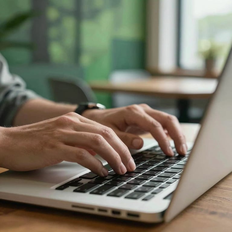 Close-up of hands typing on a laptop keyboard in a bright coworking space with forest green accents.