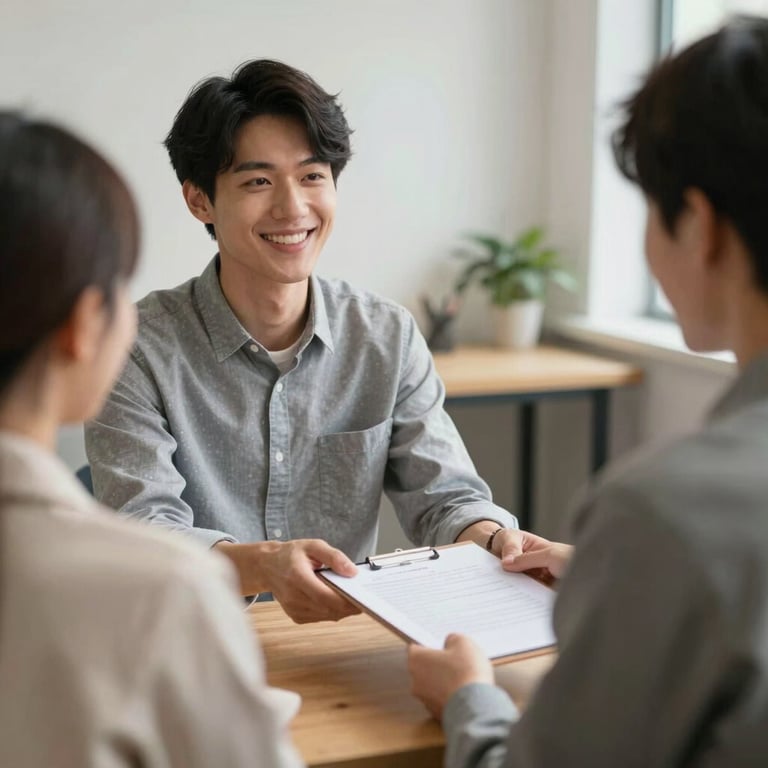 A smiling candidate receiving a folder during a successful interview process.