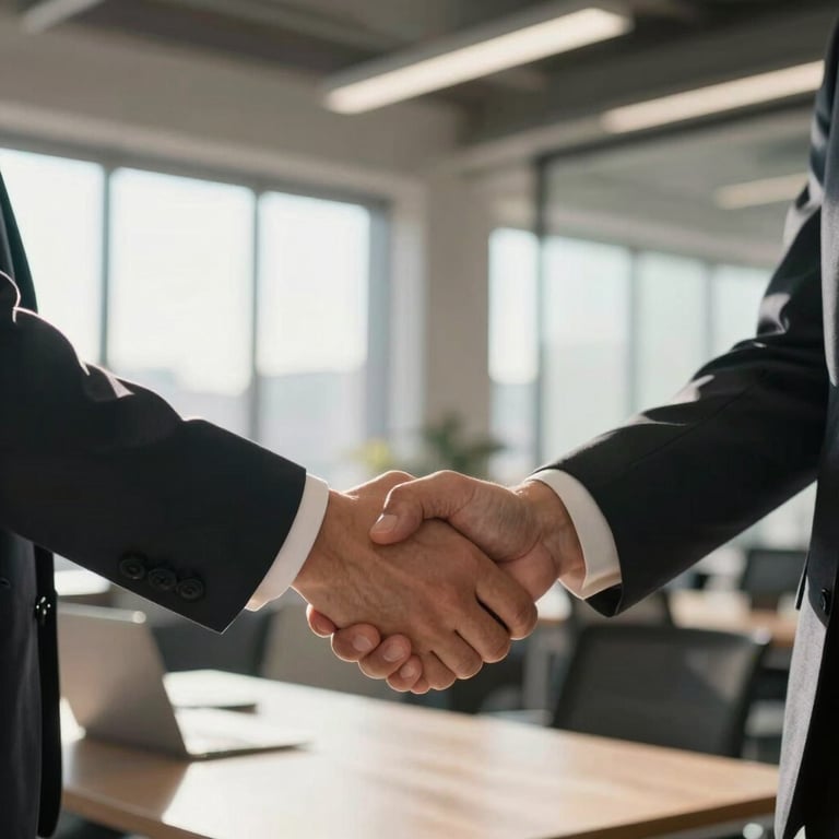 A professional handshake in a sunlit North American office, representing a successful job placement.