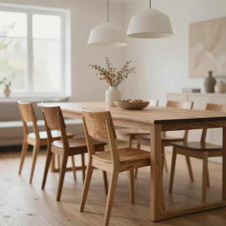 A row of handcrafted wooden chairs in a bright, modern dining room with neutral tones and elegant lighting.