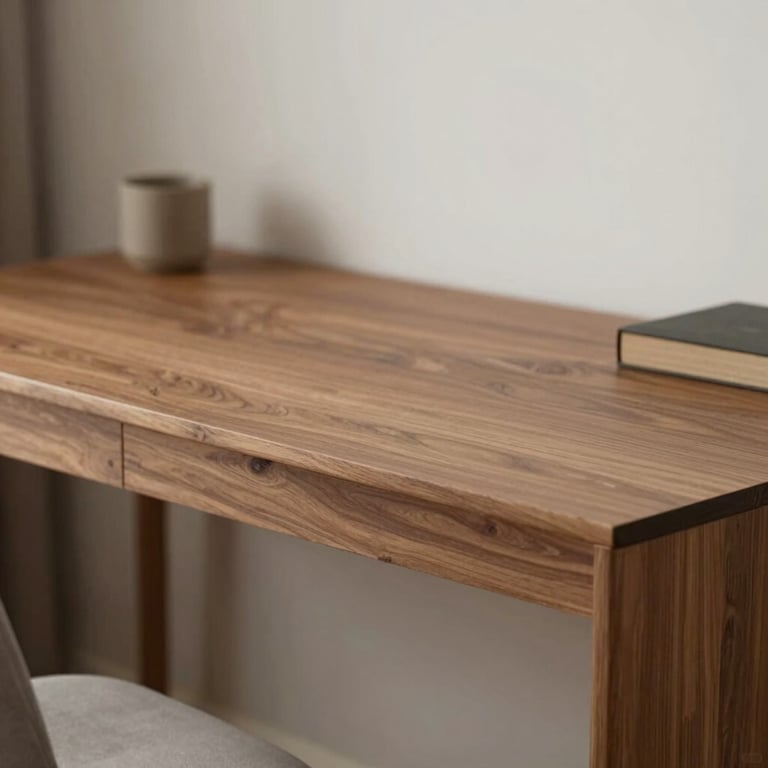 A stylish home office desk made from solid wood, featuring clean lines and a professional, modern feel using #7B5E4A tones.