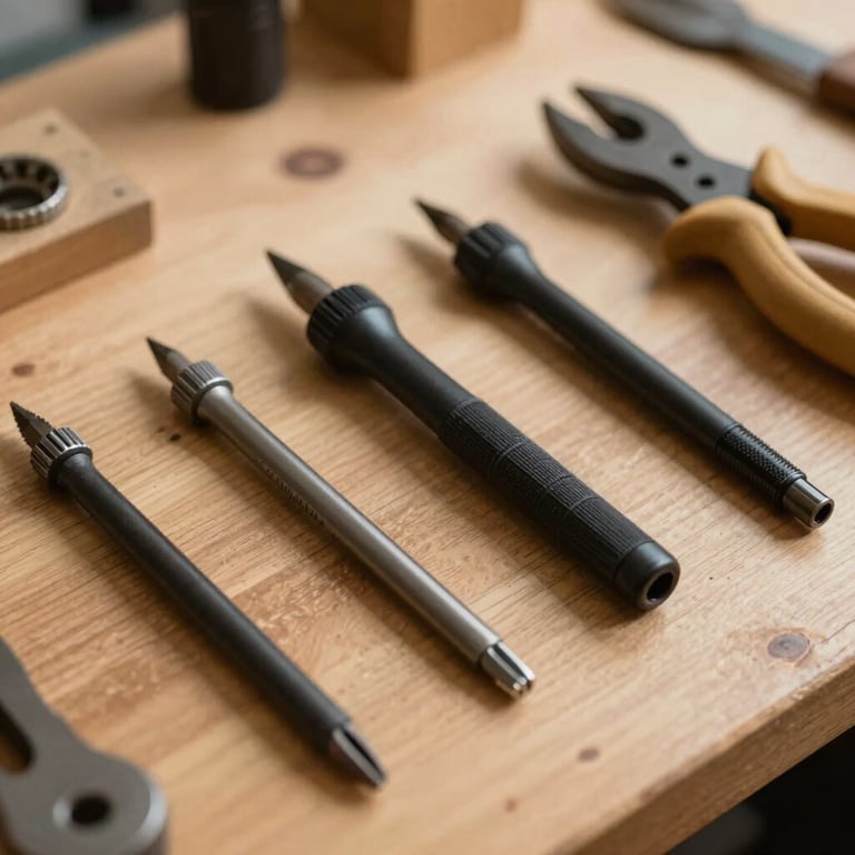 Precision tools lying on a clean wooden workbench, symbolizing craftsmanship and accuracy in shades of #2C2720 and #7B5E4A.