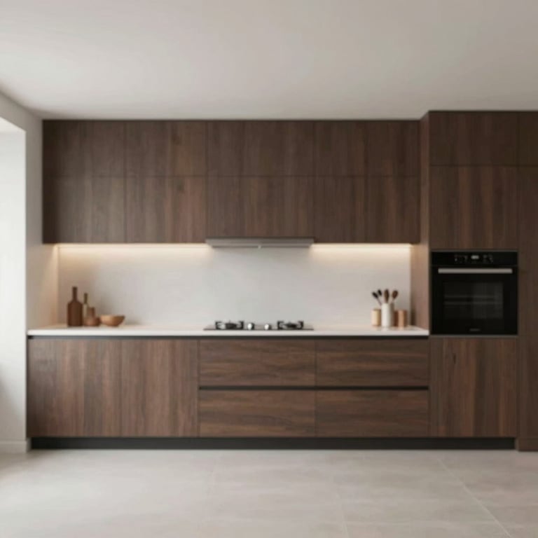 Interior of a modern kitchen with custom-made minimalist cabinets in a deep brown wood #2C2720 and off-white counters.