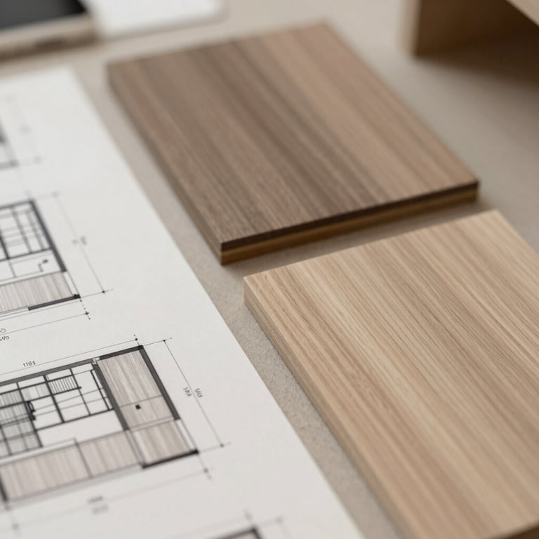 Close-up of a designer's architectural sketches for a walk-in closet next to samples of high-quality wood in #BCA99D.