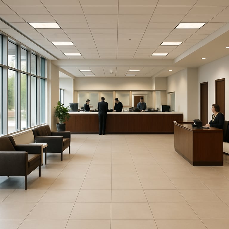 A bright, wide-angle interior of a modern bank lobby in the US, featuring clean surfaces and professional staff in the distance.