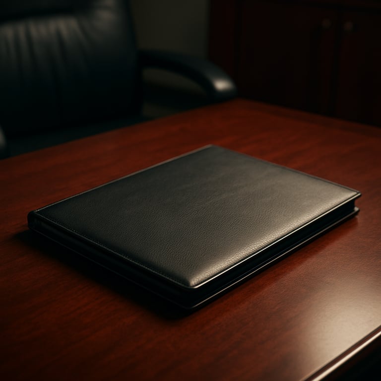 A sharp, professional photograph of a leather-bound folder on a mahogany desk in a secure corporate office.
