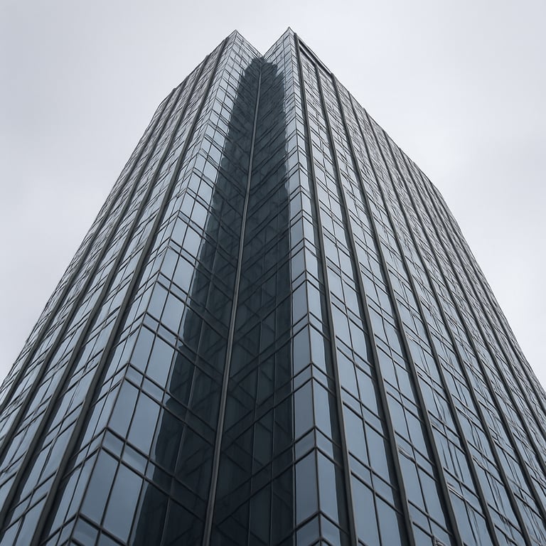 A low-angle shot of a glass and steel skyscraper in the financial district of a North American / US city, reflecting the light grey sky.