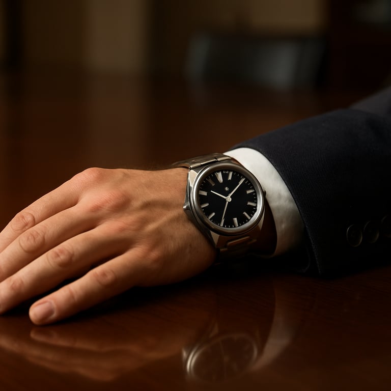 A detailed shot of a high-end watch and suit cuff on a hand resting on a polished conference table.