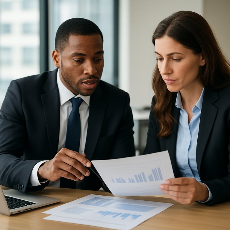 A candid, professional setting showing two associates in business attire discussing financial data in a brightly lit North American office.