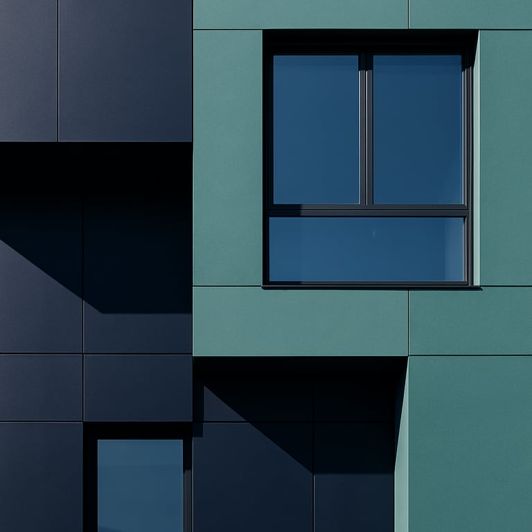 An architectural shot of a modern facade with deep navy and muted teal accents under bright daylight.