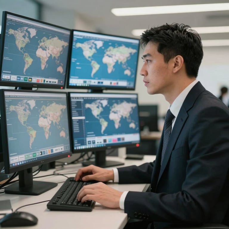 A professional in high-end business attire looking at multiple computer monitors displaying world maps and live news feeds, North American corporate setting, soft lighting, authoritative mood.