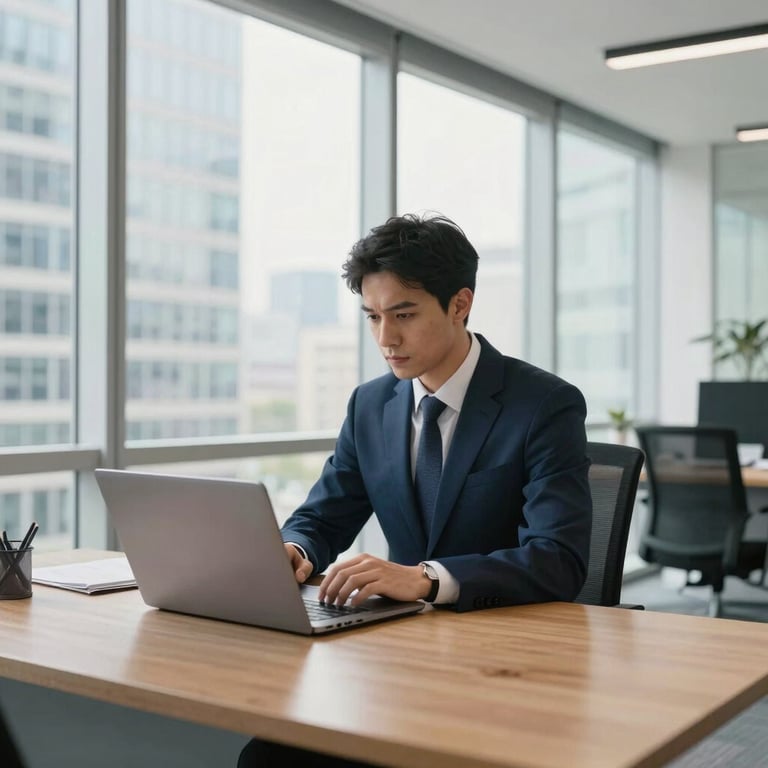 A focused journalist working at a sleek wooden desk with a high-end laptop in a bright, modern office with floor-to-ceiling windows. The scene is set in an international business hub at midday, with a professional atmosphere. The color palette incorporates platinum and ghost white tones with oxford blue accents.