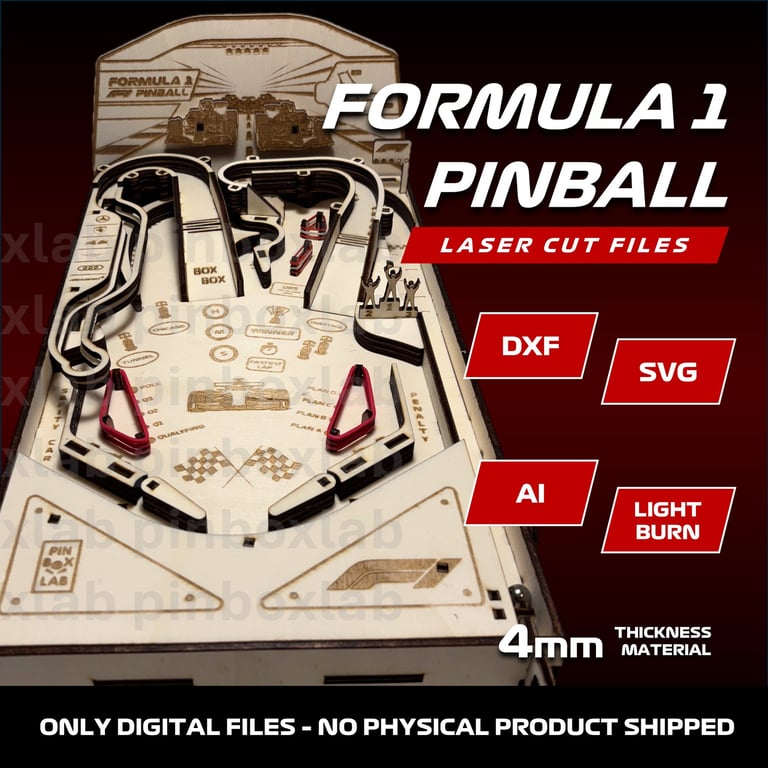 Formula 1 laser cut pinball machine, DXF SVG LightBurn files