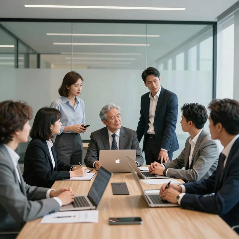 A group of diverse financial experts collaborating in a modern North American / US glass-walled meeting room.
