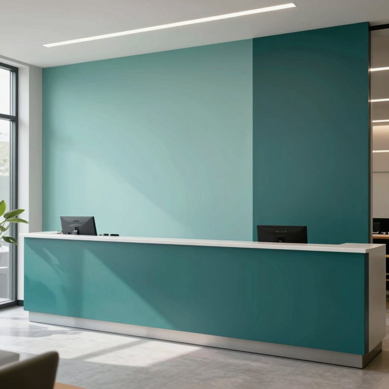 A clean, minimalist North American / US office lobby with branding in soft teal and deep sea green.