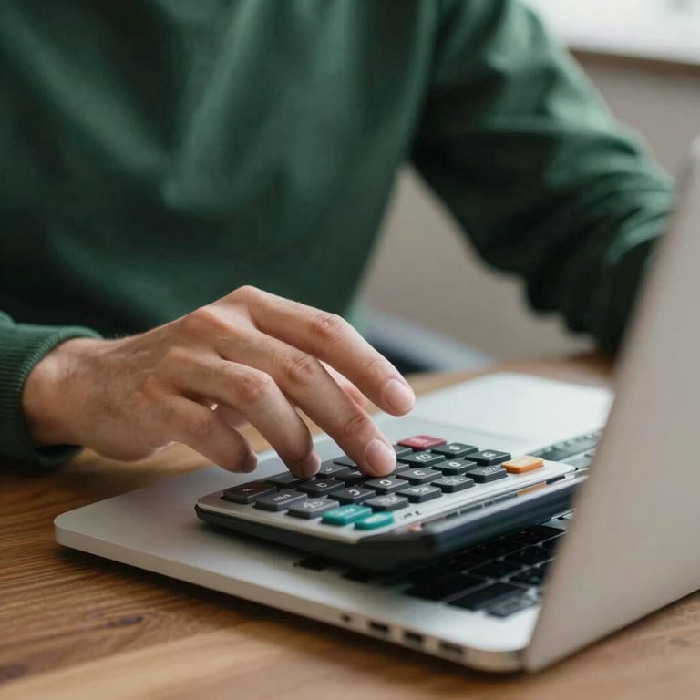 Close-up of a person using a calculator and laptop in a North American / US business environment, colors include dark forest green.