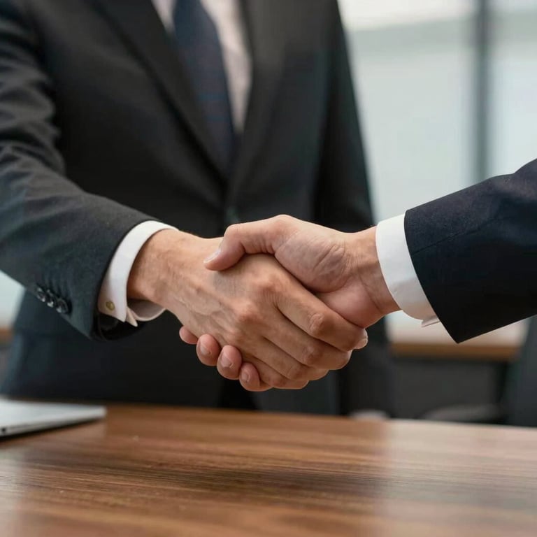 A professional handshake over a wooden table in a North American / US executive suite, representing trust.