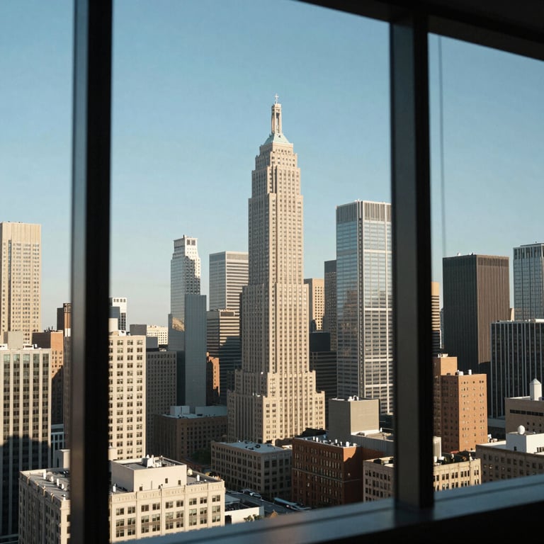 A high-rise city view from a North American / US financial district office window during a clear day.
