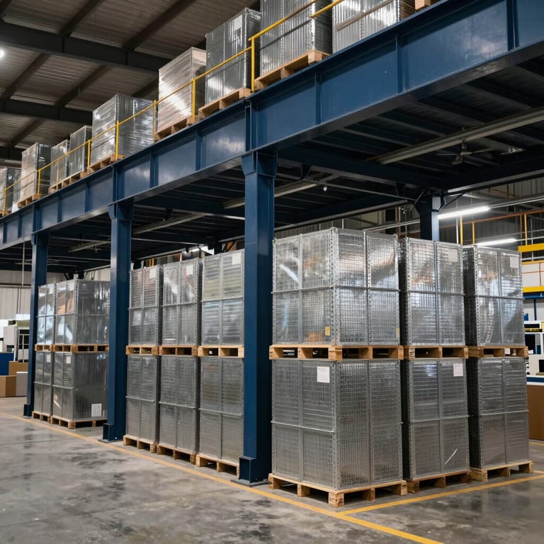 Large scale industrial distribution center with navy blue structural elements and metal inventory.