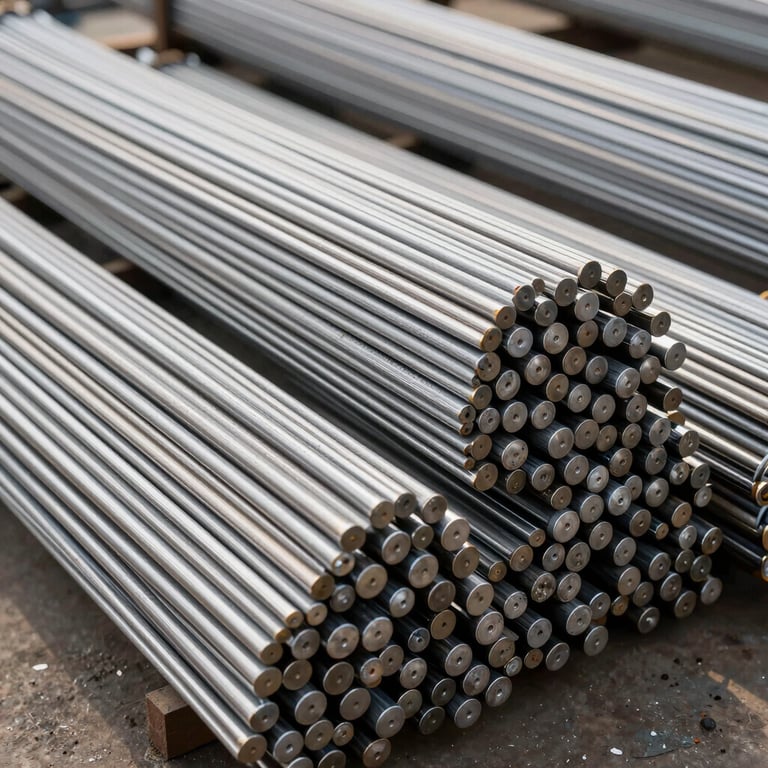 Bundles of stainless steel bars ready for shipment, bright and clean industrial photography.