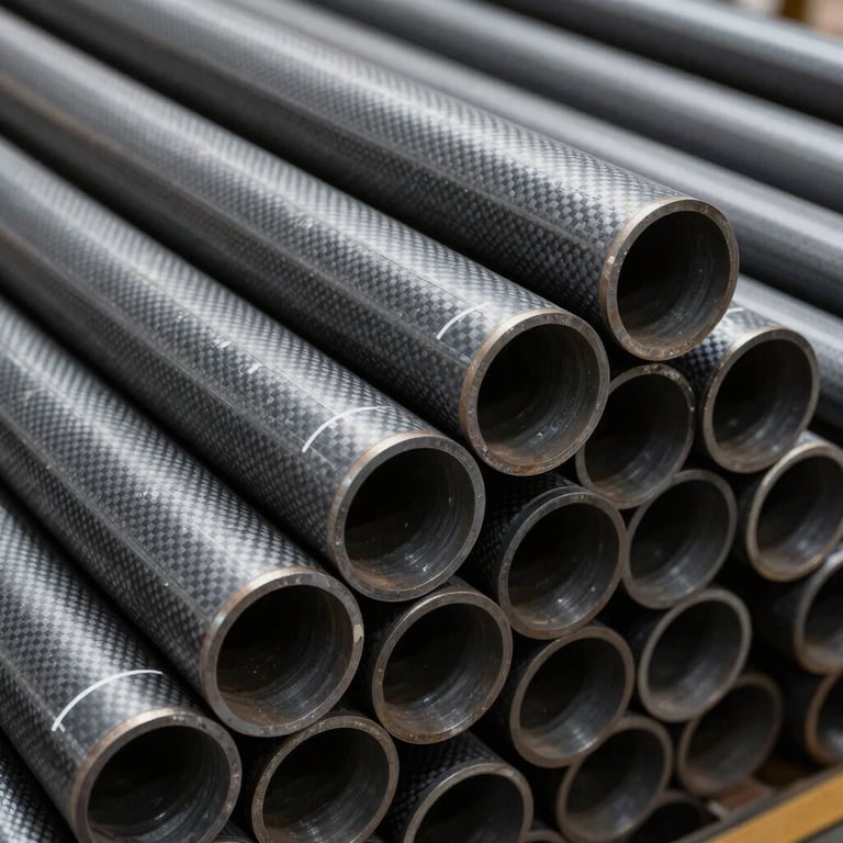 Close-up of seamless carbon steel tubes with professional industrial markings in a slate gray storage facility.