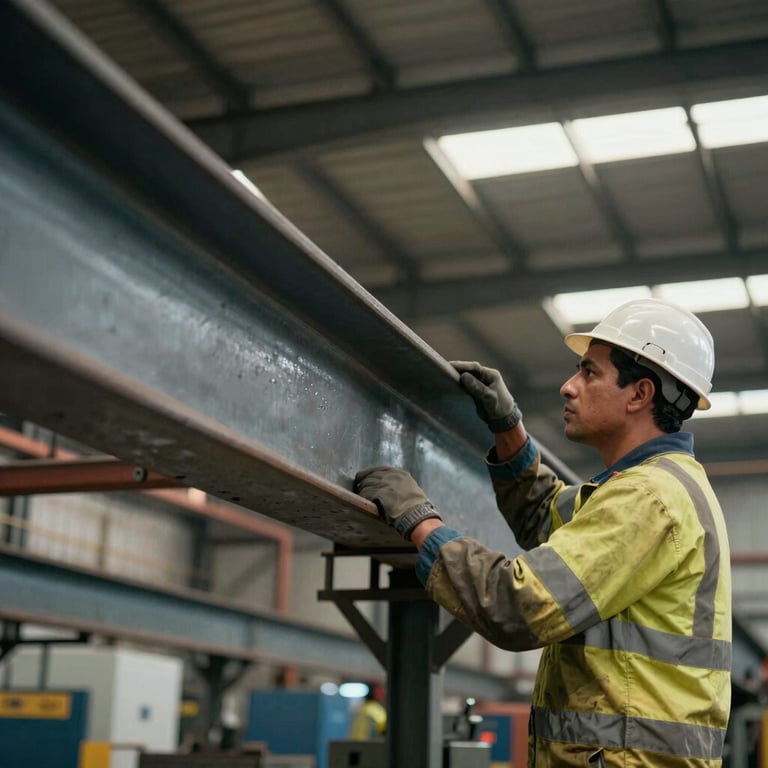 Industrial worker in safety attire inspecting heavy-duty steel beams, professional lighting, South American / Brazilian context.